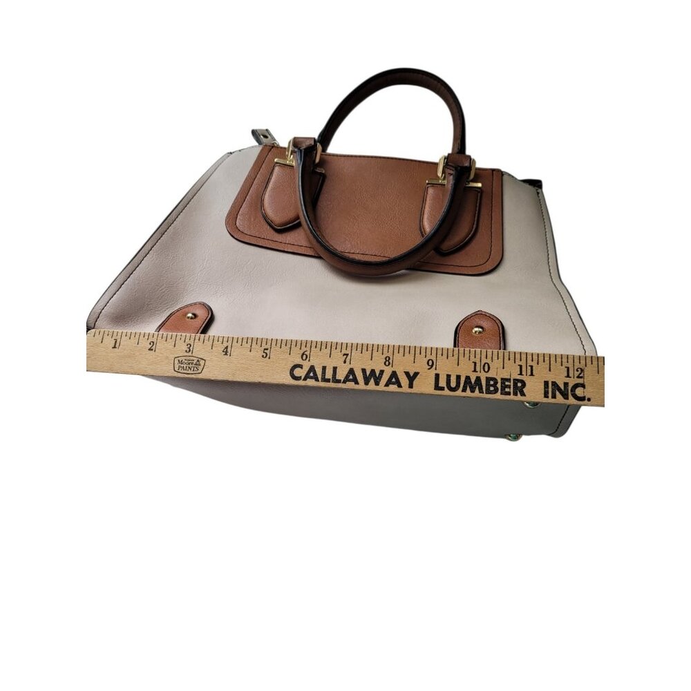 London Fog Women's Satchel Bag Medium Cognac and Off White Snap Zippers - Picture 10 of 16